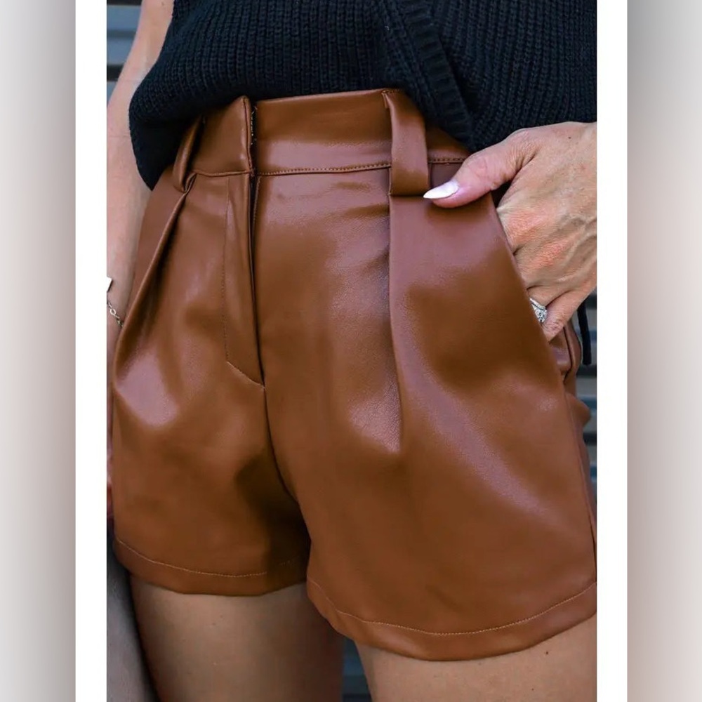 TCEC - Pleated Faux Leather Shorts in Brown, S